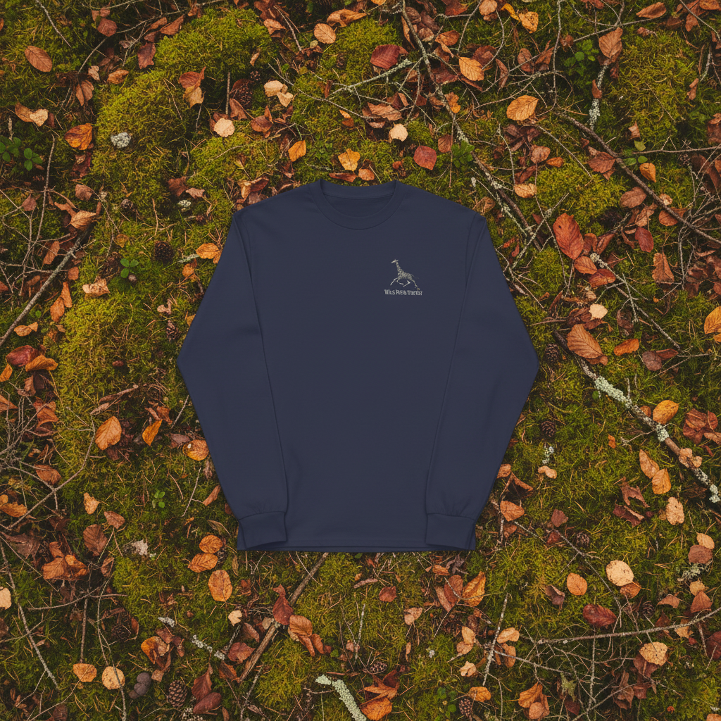 Navy unisex cotton long sleeve wildlife t-shirt featuring small giraffe chest graphic