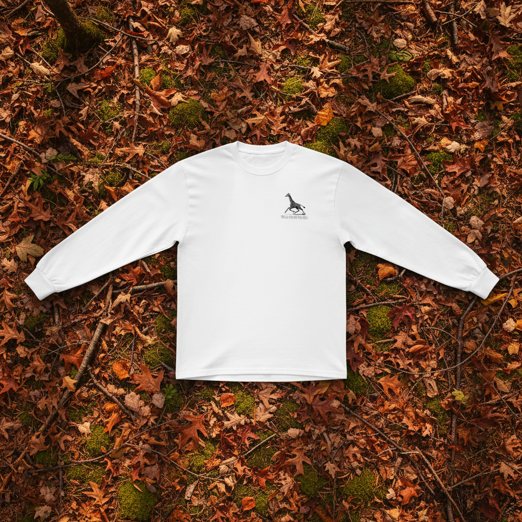 White unisex cotton long sleeve wildlife t-shirt featuring small giraffe chest graphic