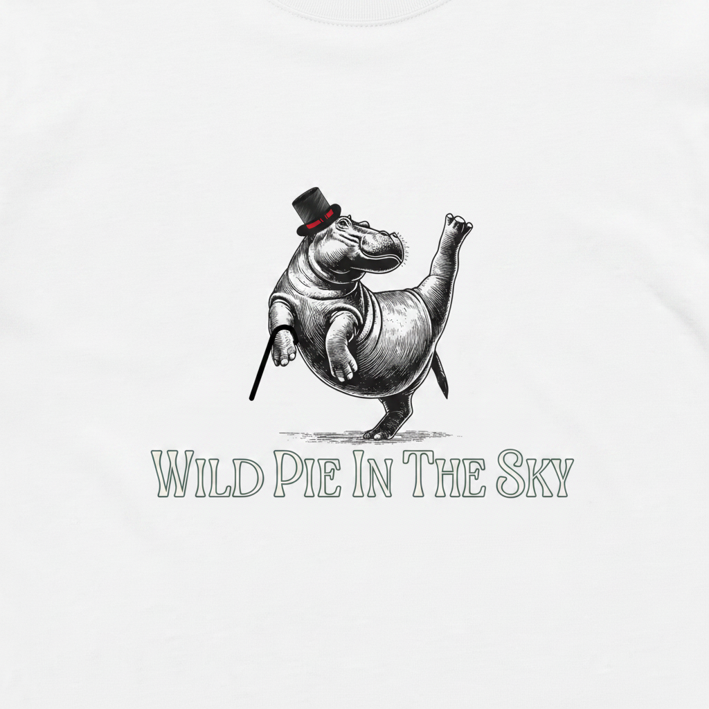 White cotton long sleeve wildlife t-shirt featuring small dancing hippo chest graphic