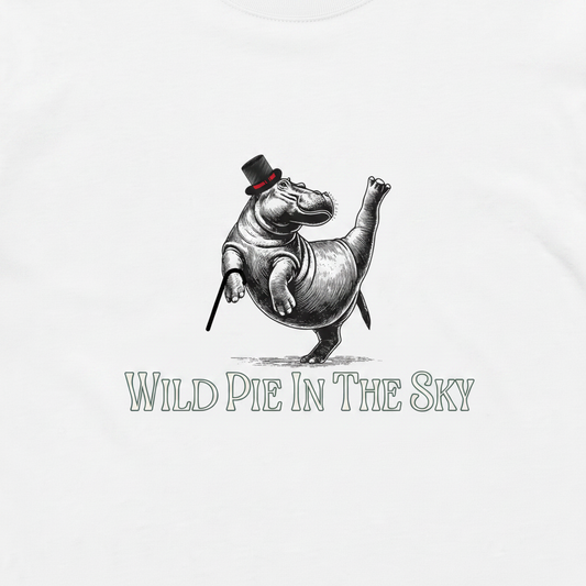 White cotton long sleeve wildlife t-shirt featuring small dancing hippo chest graphic