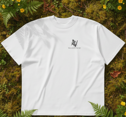 Oversized white organic cotton unisex wildlife t-shirt featuring small dancing hippo chest graphic