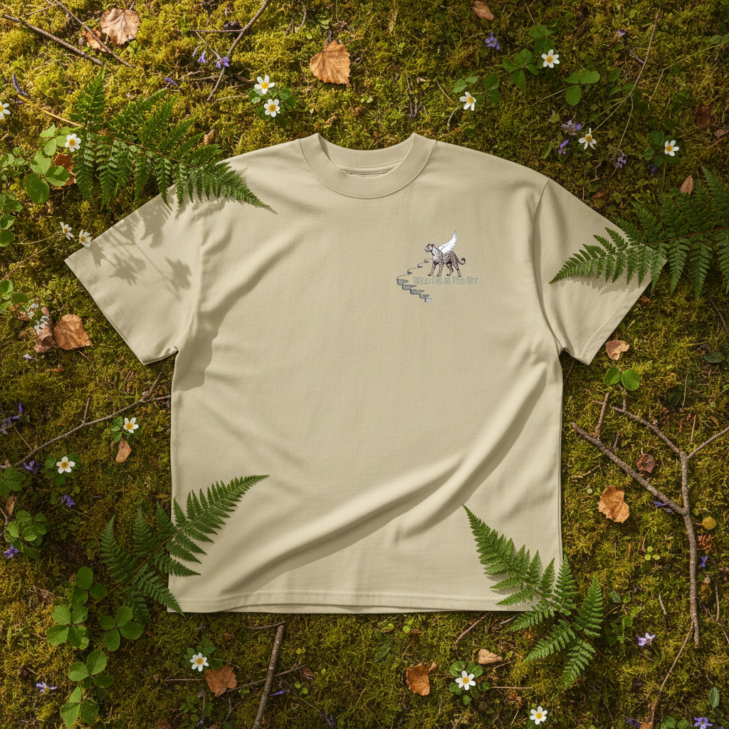 Oversized beige organic cotton unisex wildlife t-shirt featuring small  leopard chest graphic
