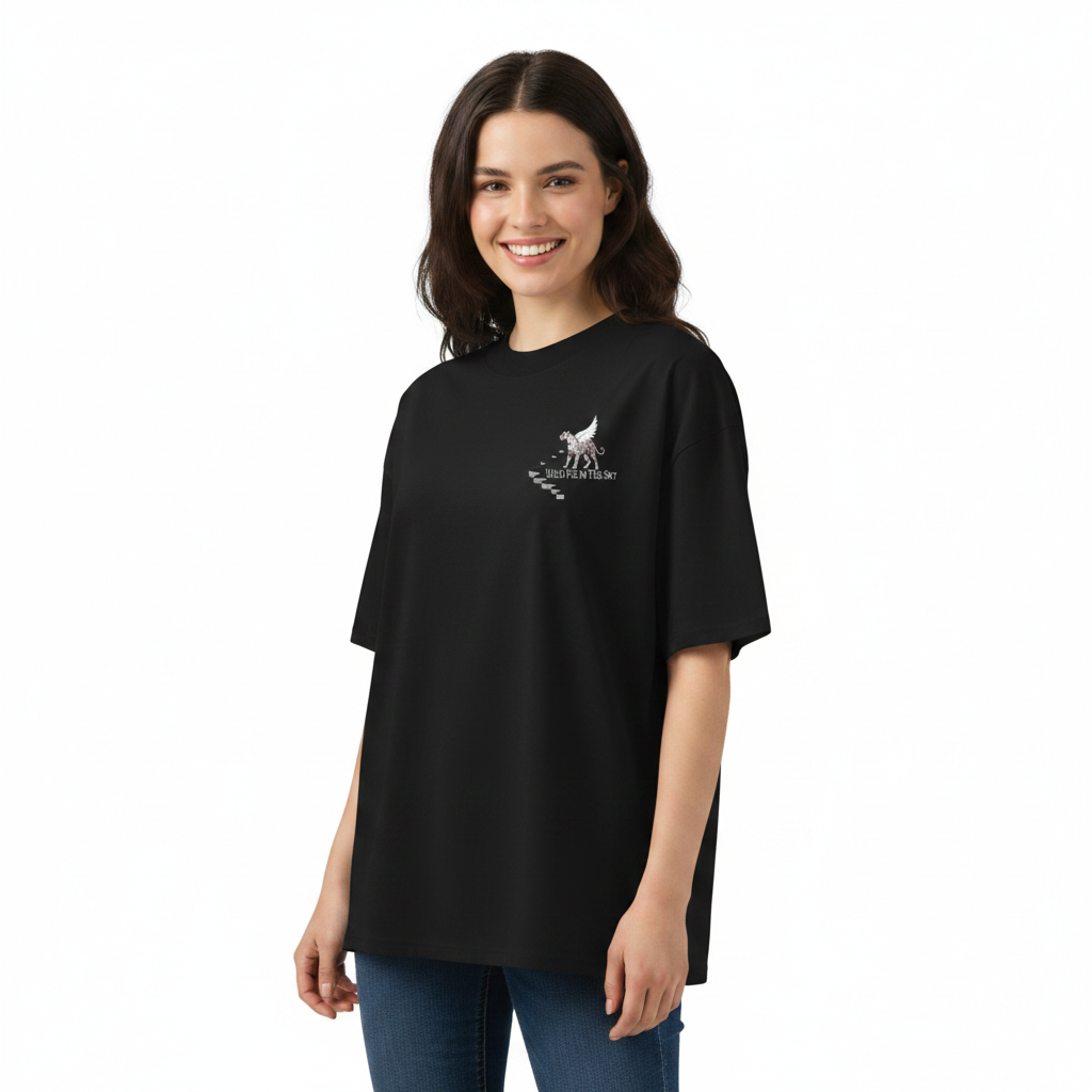 Oversized black organic cotton unisex wildlife t-shirt featuring small  leopard chest graphic