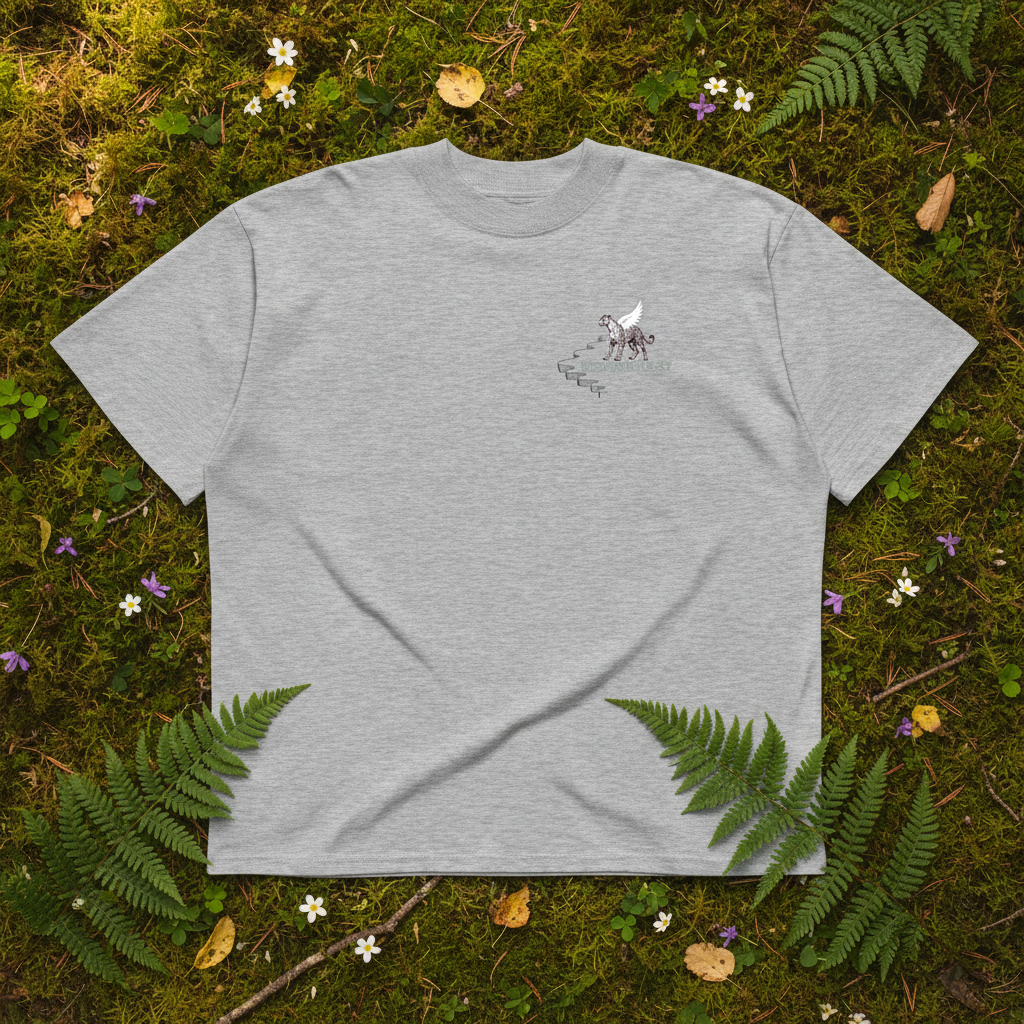 Oversized grey organic cotton unisex wildlife t-shirt featuring small  leopard chest graphic