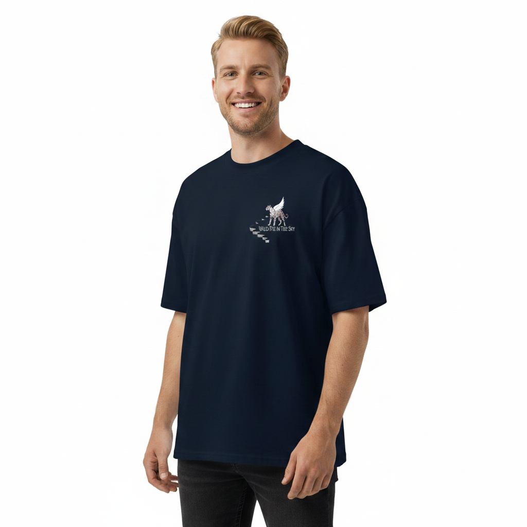Oversized black organic cotton unisex wildlife t-shirt featuring small  leopard chest graphic