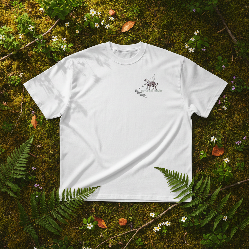 Oversized white organic cotton unisex wildlife t-shirt featuring small  leopard chest graphic