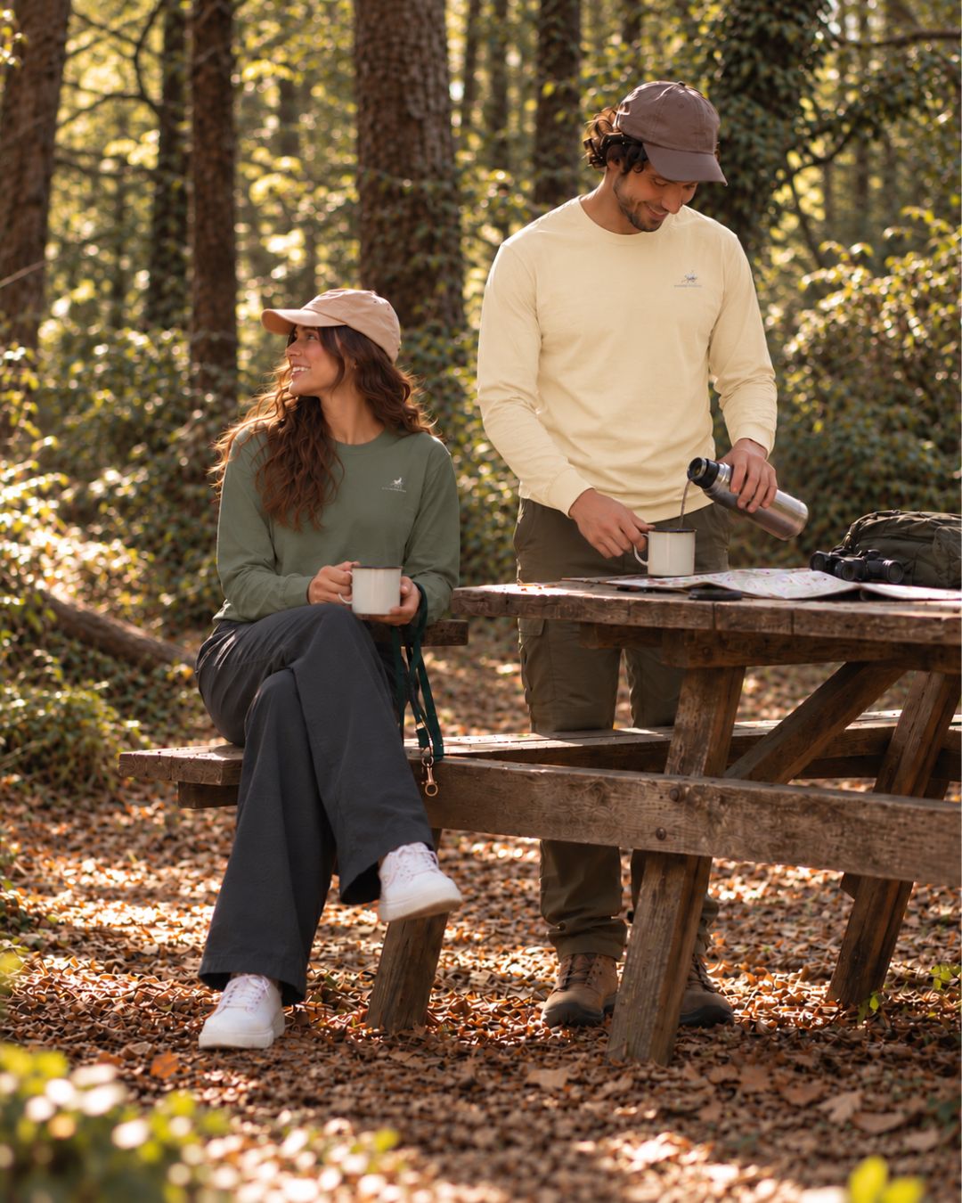 Unisex cotton long sleeve wildlife t-shirt featuring small leopard chest graphic shown in butter & cypress
