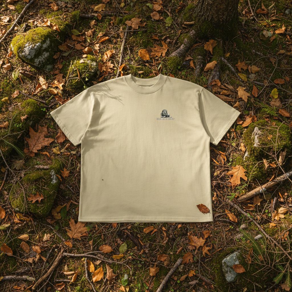 Oversized beige organic cotton unisex wildlife t-shirt featuring small  lion chest graphic