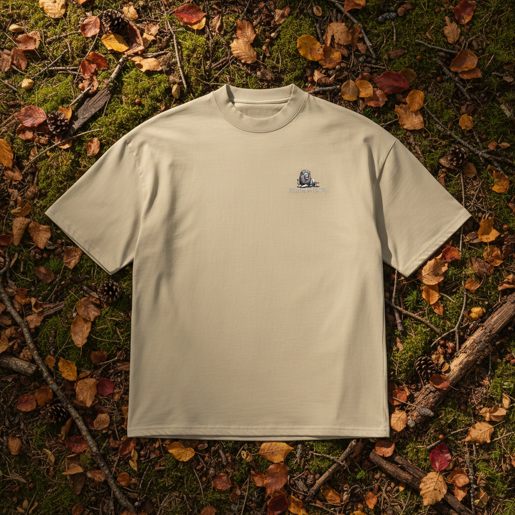 Oversized beige organic cotton unisex wildlife t-shirt featuring small  lion chest graphic