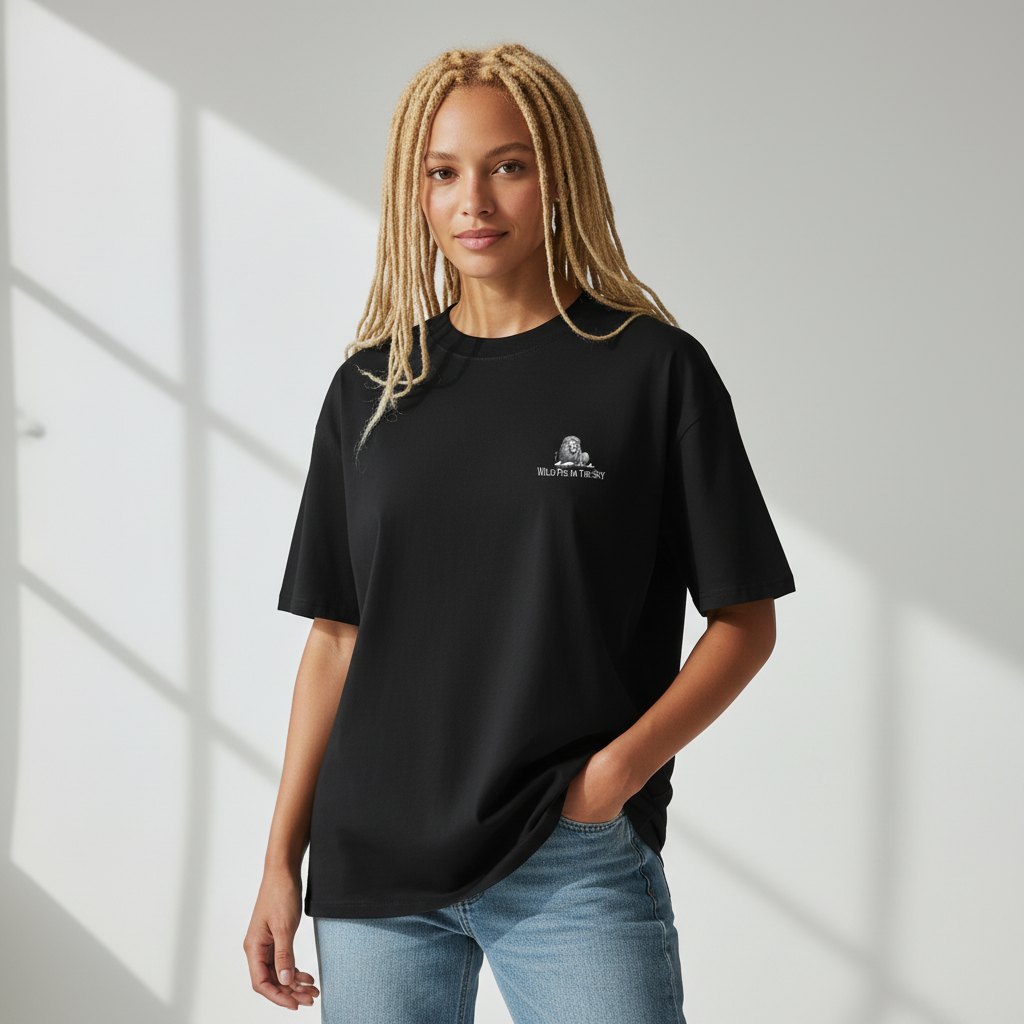 Oversized black organic cotton unisex wildlife t-shirt featuring small  lion chest graphic