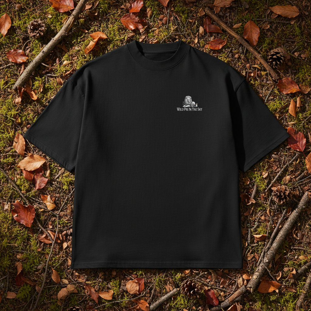 Oversized black organic cotton unisex wildlife t-shirt featuring small  lion chest graphic