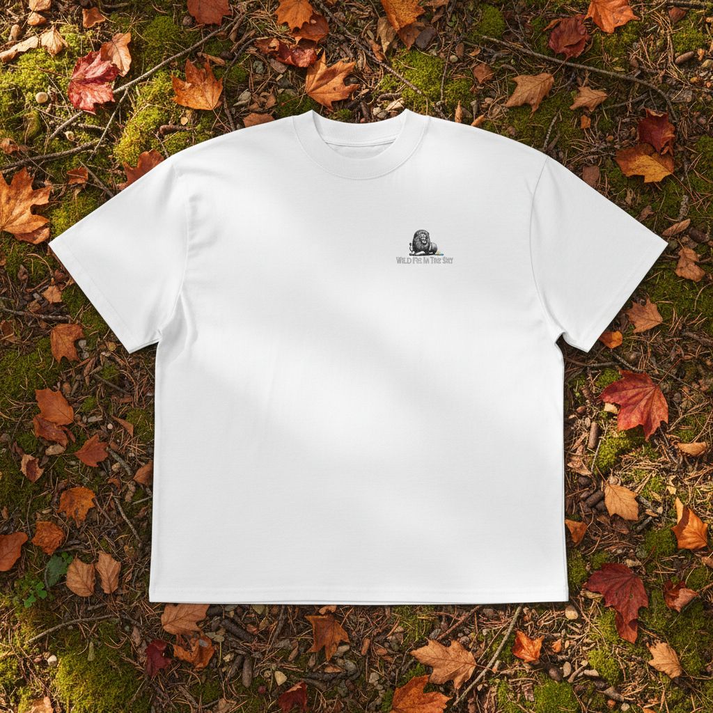 Oversized white organic cotton unisex wildlife t-shirt featuring small  lion chest graphic