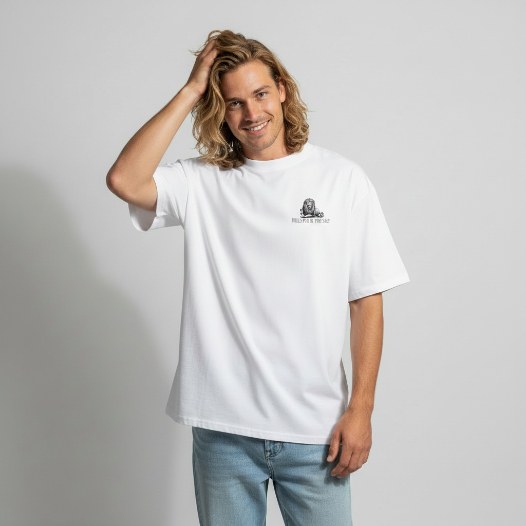 Oversized white organic cotton unisex wildlife t-shirt featuring small  lion chest graphic