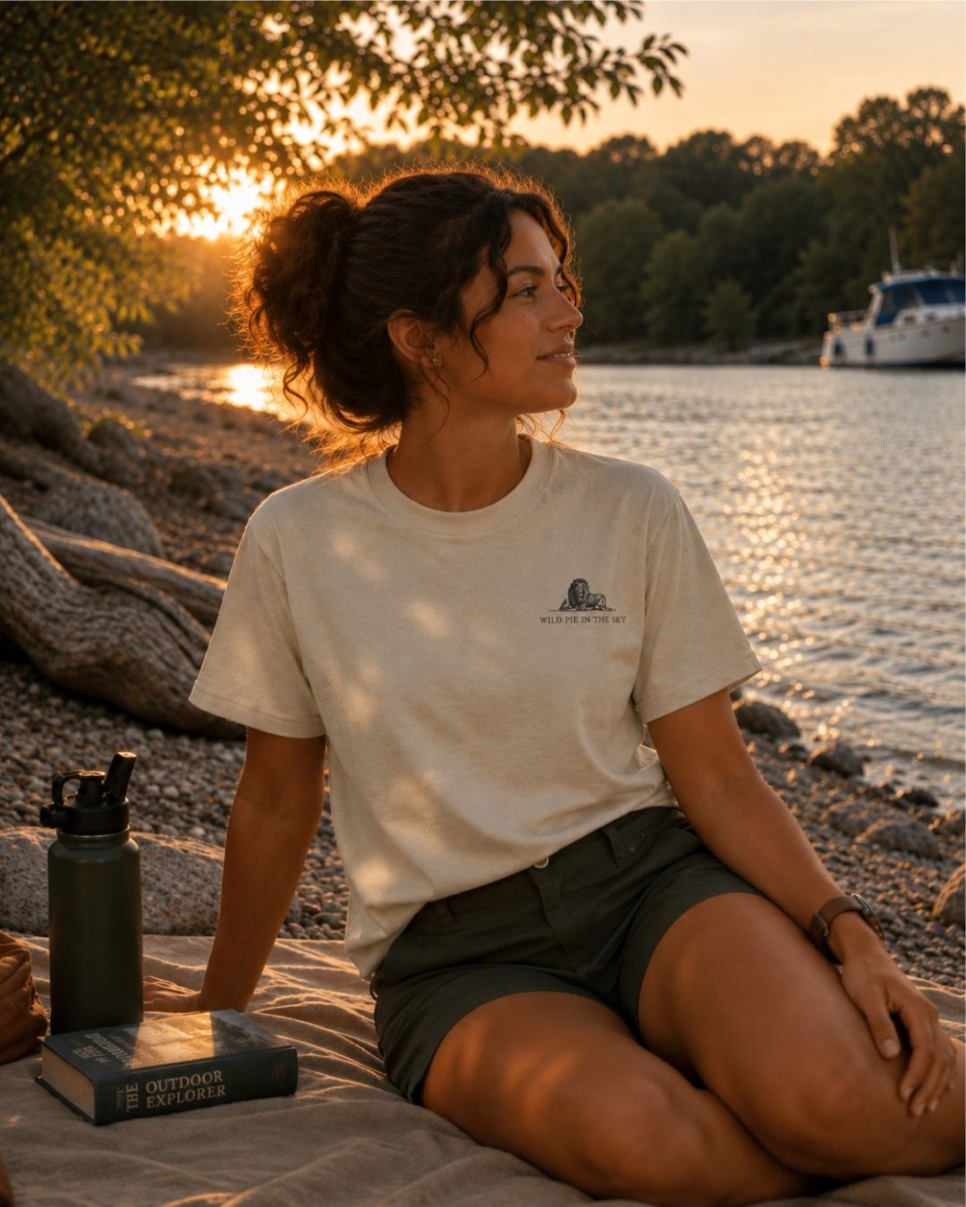 Oversized stone organic cotton unisex wildlife t-shirt featuring small lion chest graphic