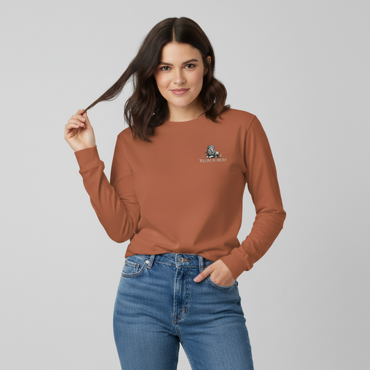 Clay brown unisex cotton long sleeve wildlife t-shirt featuring small lion chest graphic