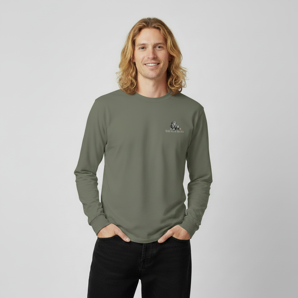 Cypress green unisex cotton long sleeve wildlife t-shirt featuring small lion chest graphic