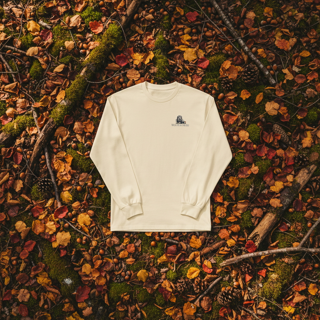 Ecru unisex cotton long sleeve wildlife t-shirt featuring small lion chest graphic