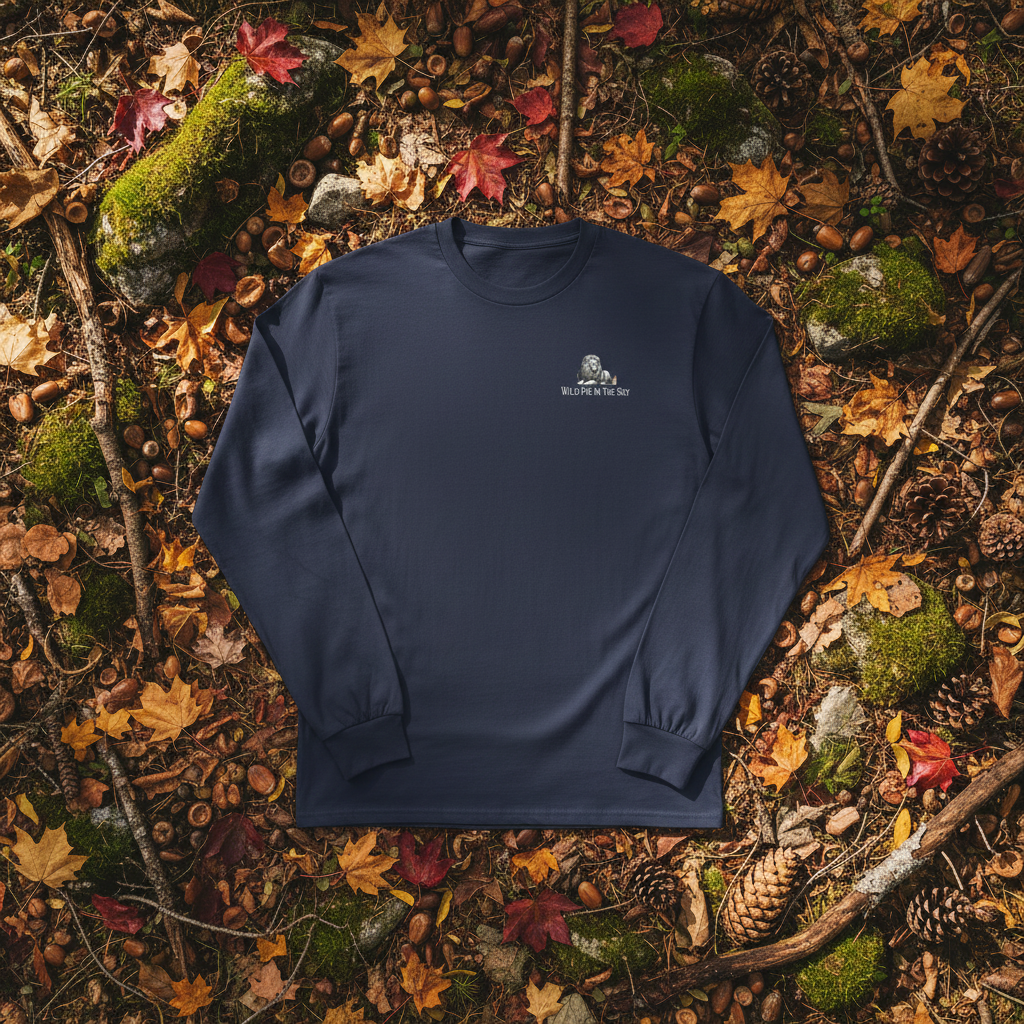 Navy unisex cotton long sleeve wildlife t-shirt featuring small lion chest graphic