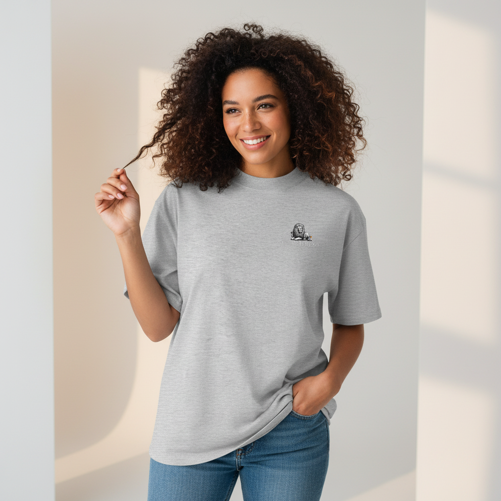 Oversized grey organic cotton unisex wildlife t-shirt featuring small  lion chest graphic