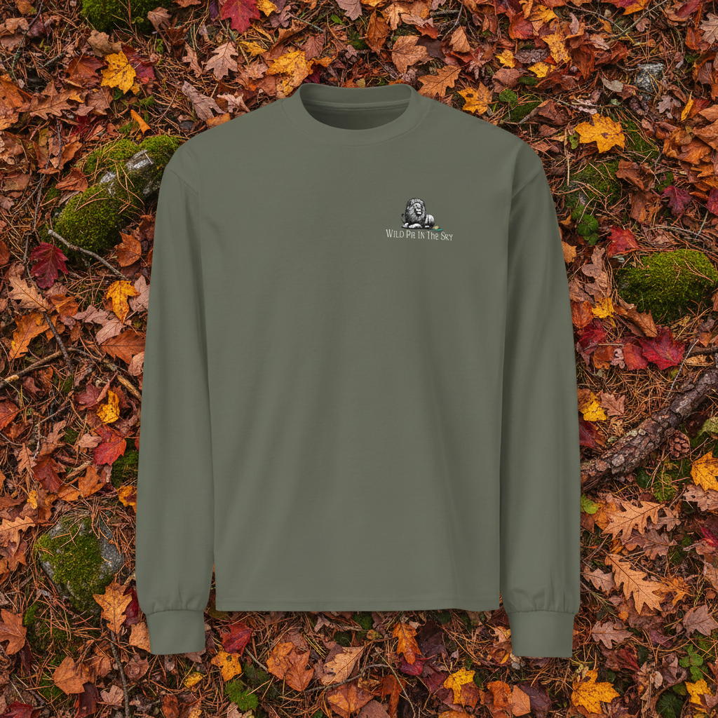 Cypress green cotton long sleeve wildlife t-shirt featuring small lion chest graphic