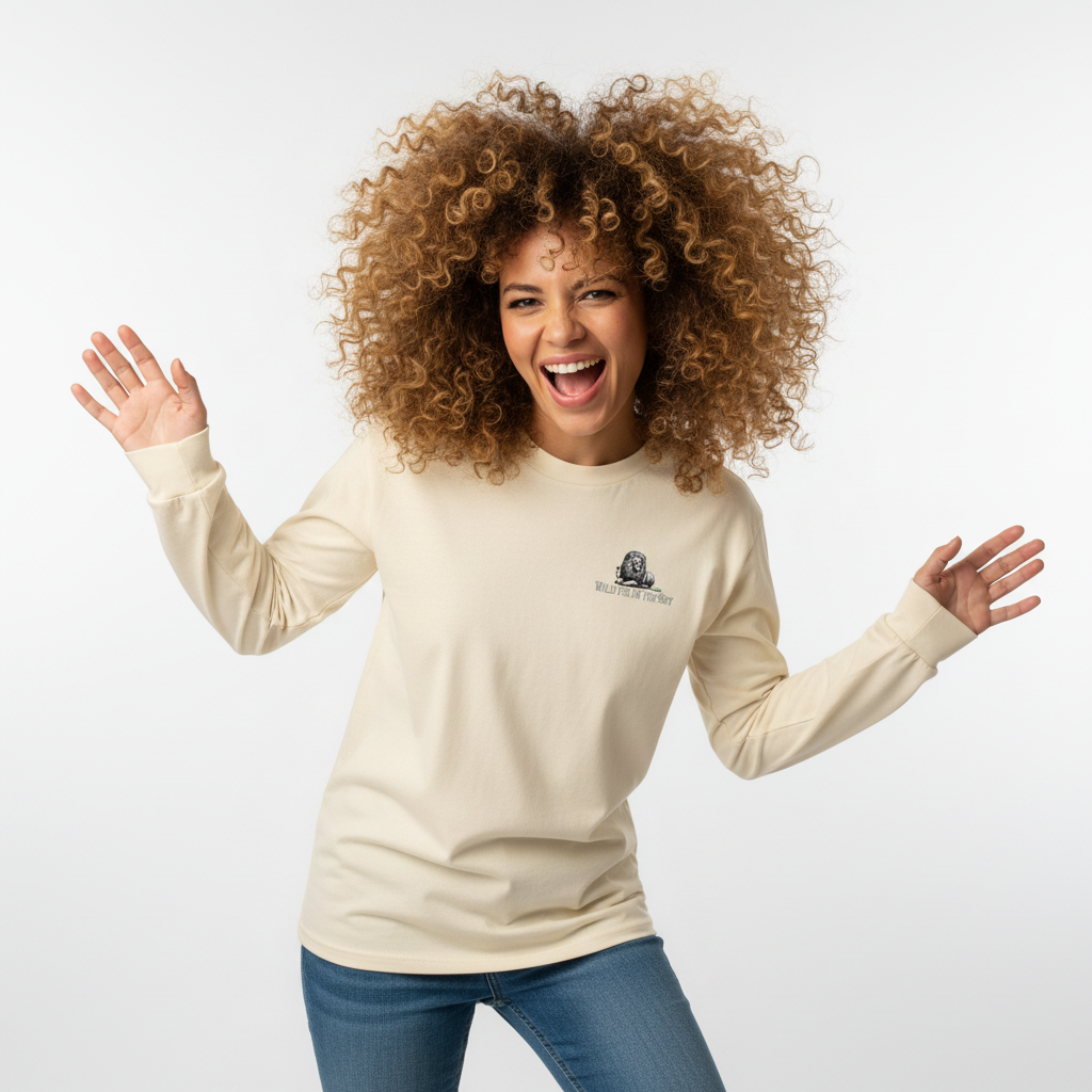 Ecru cotton long sleeve wildlife t-shirt featuring small lion chest graphic