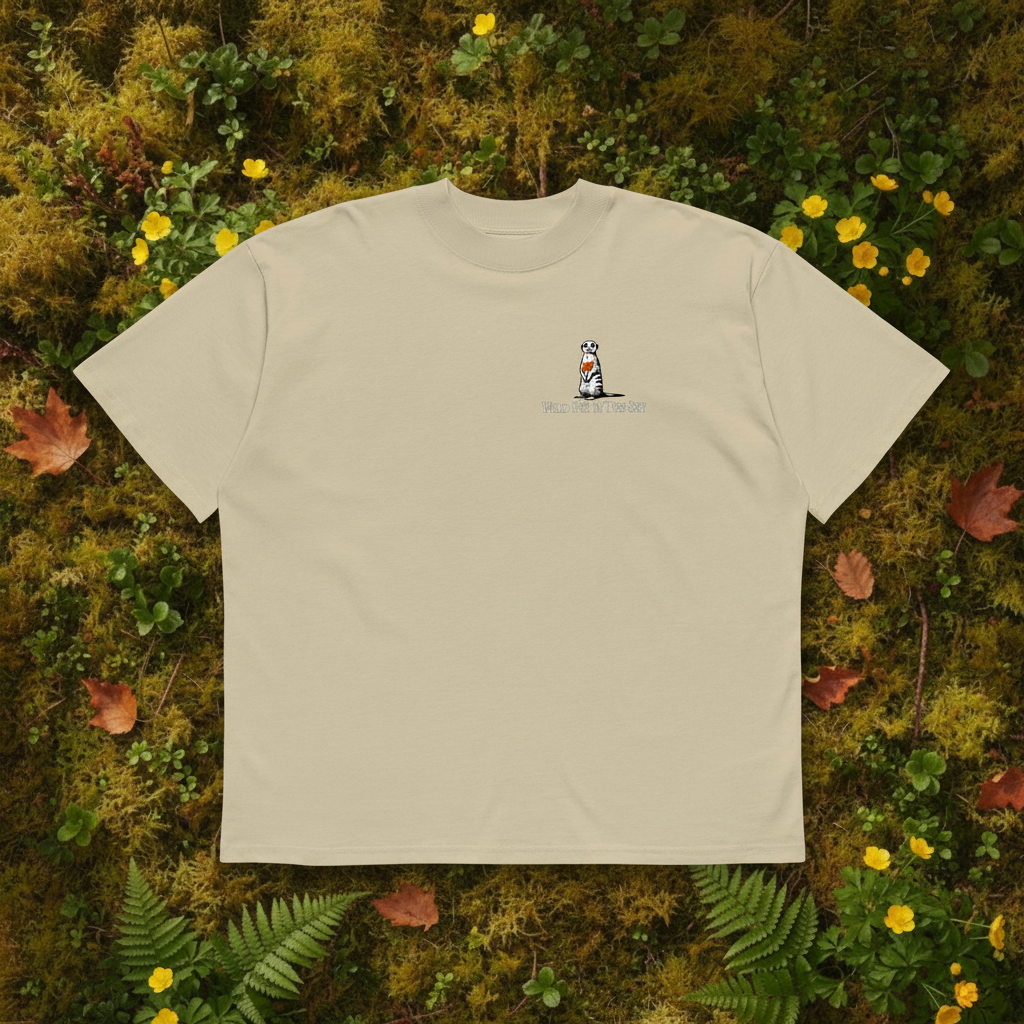 Oversized beige organic cotton unisex wildlife t-shirt featuring small  meekat chest graphic