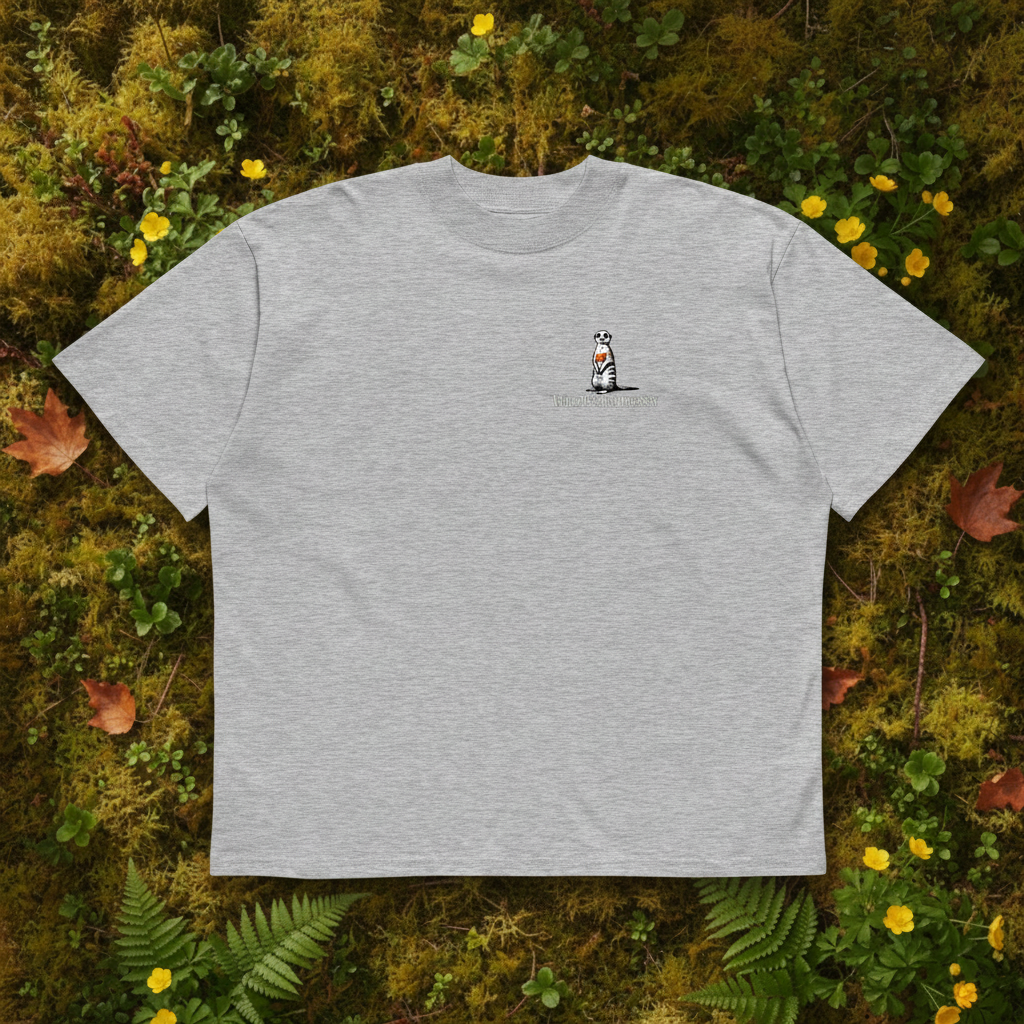 Oversized grey organic cotton unisex wildlife t-shirt featuring small  meekat chest graphic