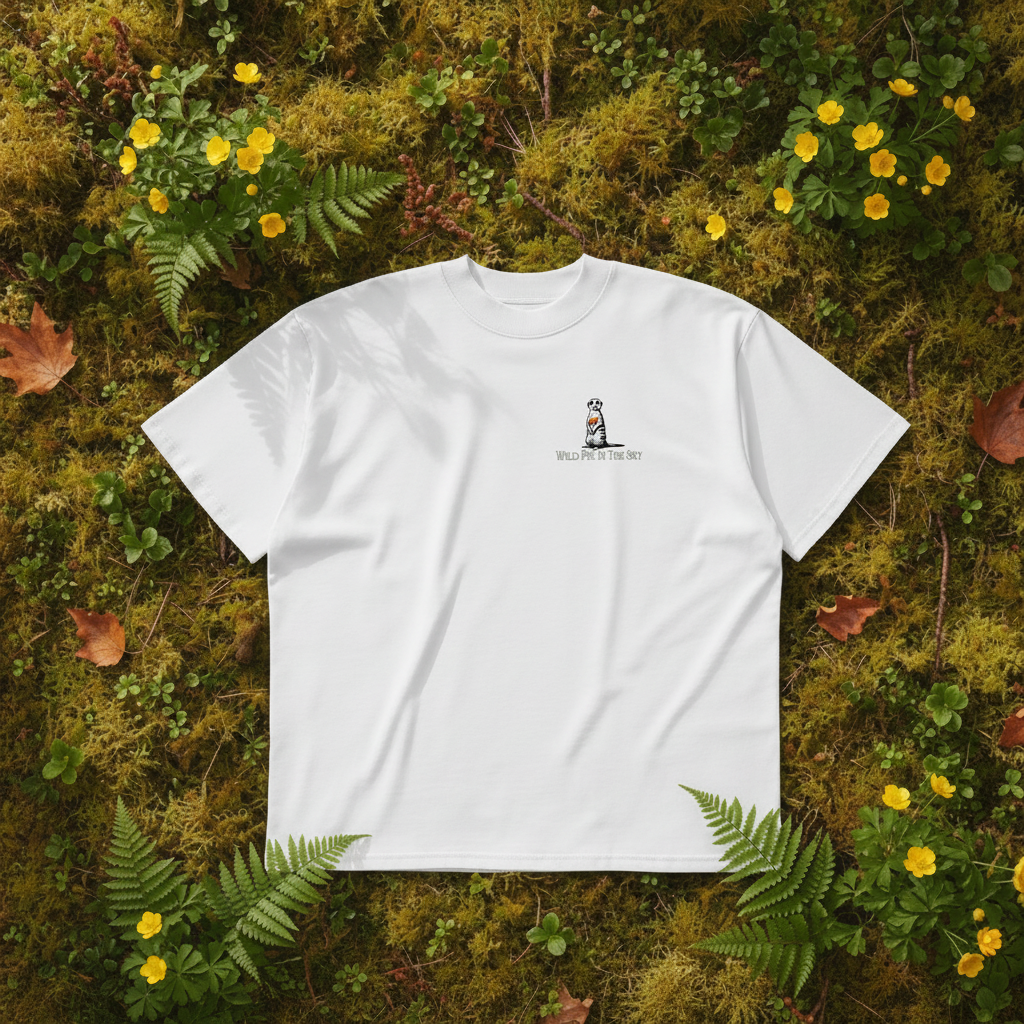 Oversized white organic cotton unisex wildlife t-shirt featuring small  meekat chest graphic