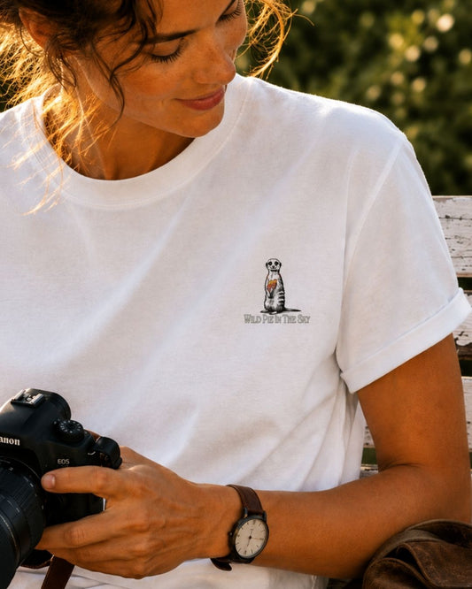 Oversized white organic cotton unisex wildlife t-shirt featuring small  meerkat chest graphic