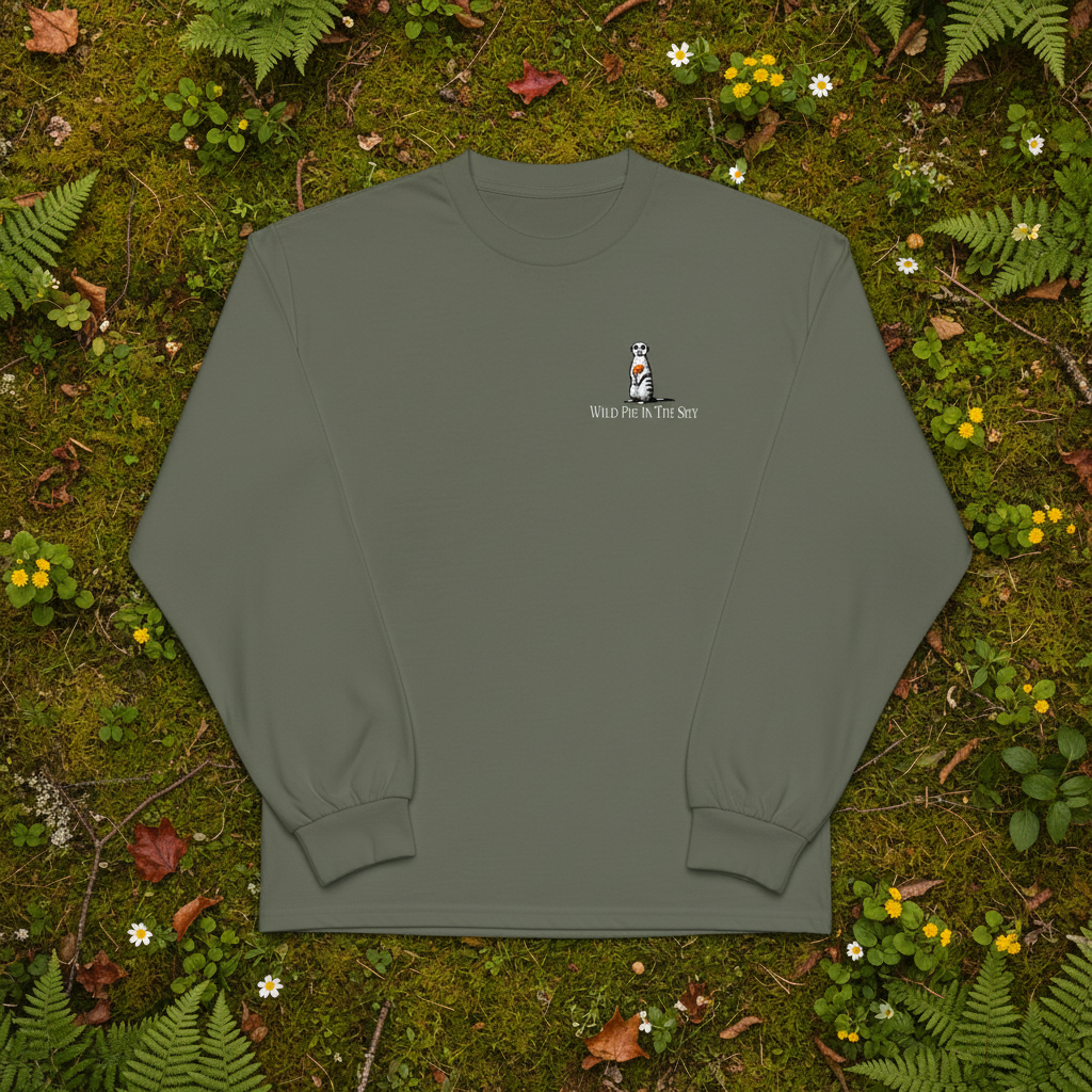 Cypress green cotton long sleeve wildlife T shirt featuring small  meekat chest graphic