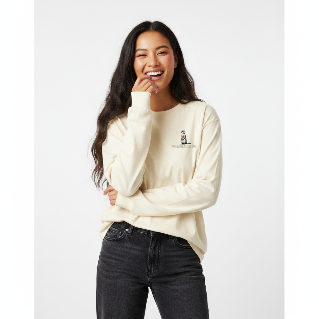 Ecru cotton long sleeve wildlife T shirt featuring small  meekat chest graphic