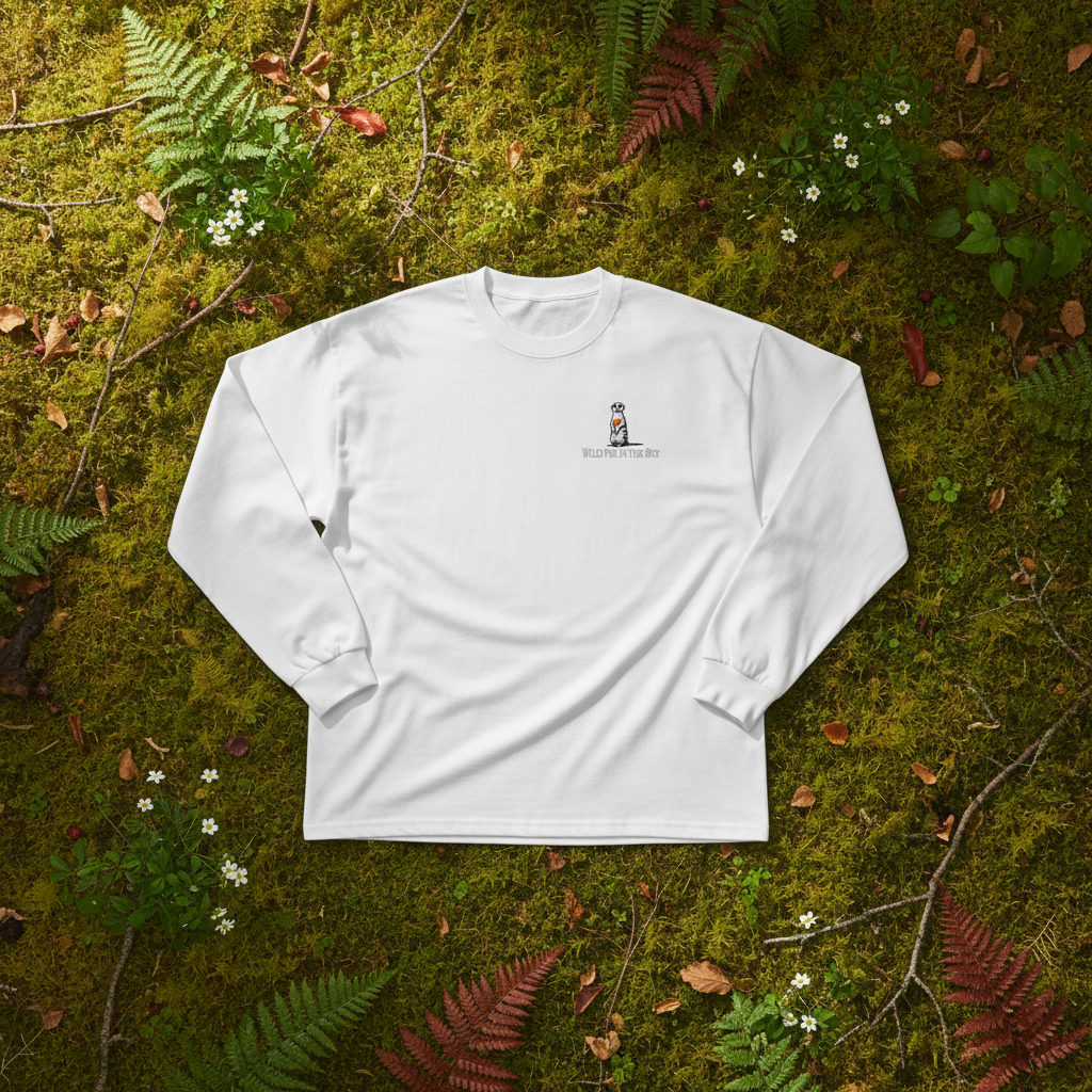 White cotton long sleeve wildlife T shirt featuring small  meekat chest graphic