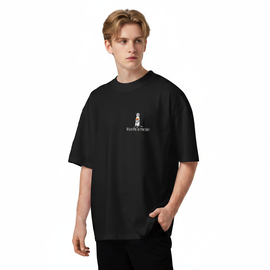 Oversized black organic cotton unisex wildlife t-shirt featuring small  meekat chest graphic
