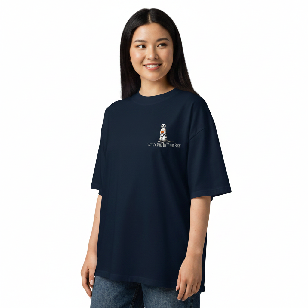 Oversized white organic cotton unisex wildlife t-shirt featuring small  meekat chest graphic