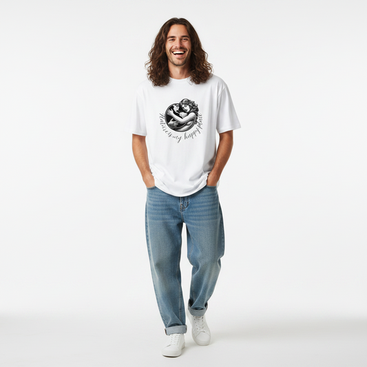Man wearing Unisex organic cotton nature inspired t-shirt with mother nature design – sustainable clothing UK