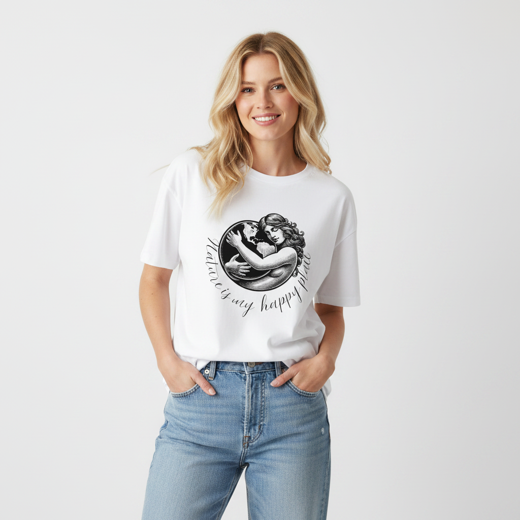 Woman wearing Unisex organic cotton nature inspired t-shirt with mother nature design – sustainable clothing 