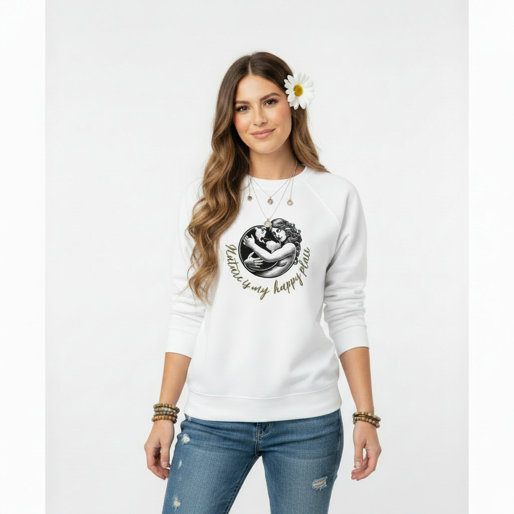 White Women’s Organic Wildlife Sweatshirt with Mother Nature design
