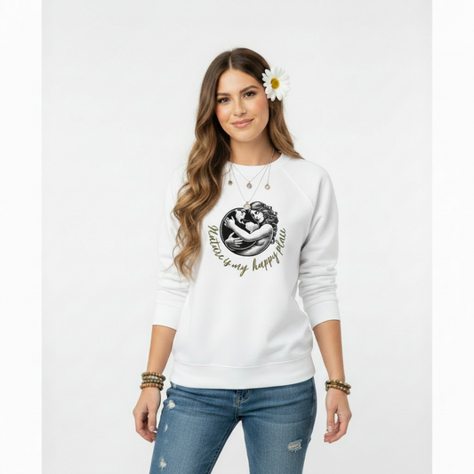 White Women’s Organic Wildlife Sweatshirt with Mother Nature design