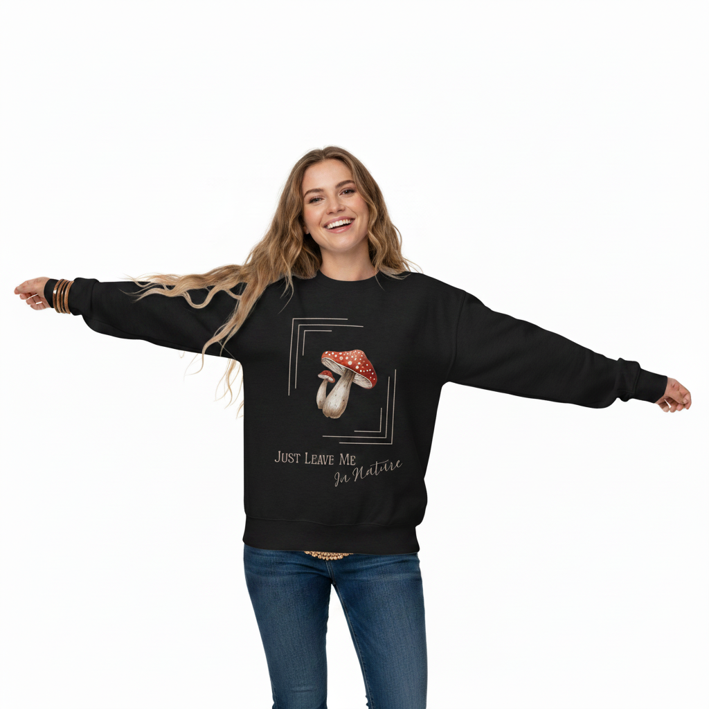 Black womens organic cotton wildlife sweatshirt with mushroom design – sustainable clothing UK