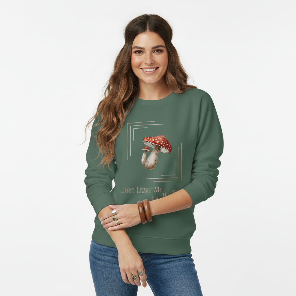 Green womens organic cotton wildlife sweatshirt with mushroom design – sustainable clothing UK