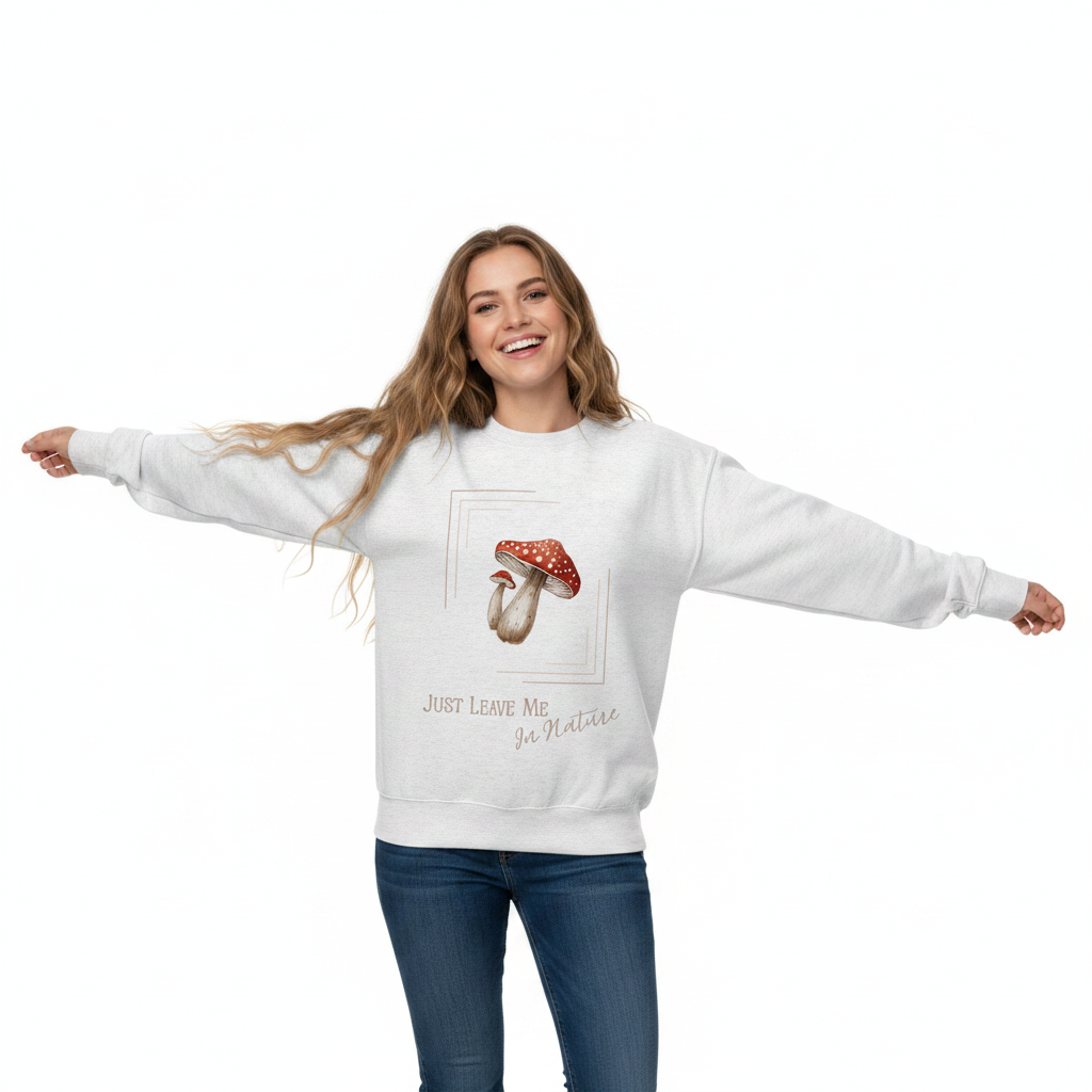 Grey womens organic cotton wildlife sweatshirt with mushroom design – sustainable clothing UK
