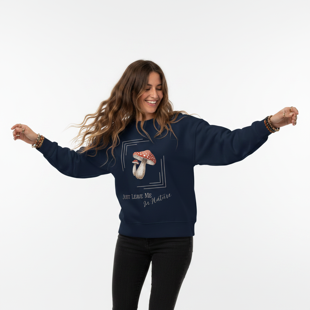 Navy womens organic cotton wildlife sweatshirt with mushroom design – sustainable clothing UK