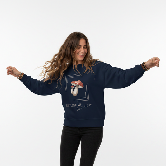 Navy womens organic cotton wildlife sweatshirt with mushroom design – sustainable clothing UK