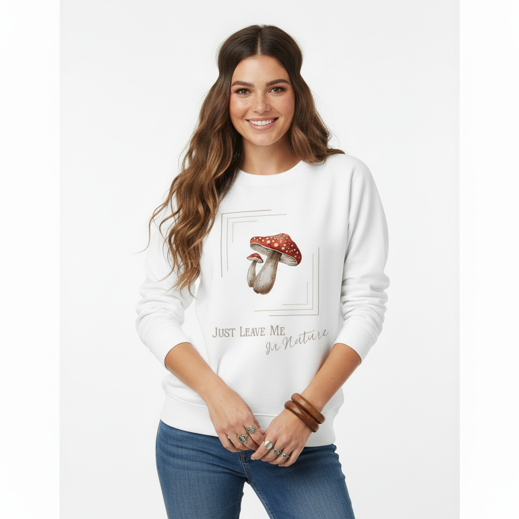 White womens organic cotton wildlife sweatshirt with mushroom design – sustainable clothing UK