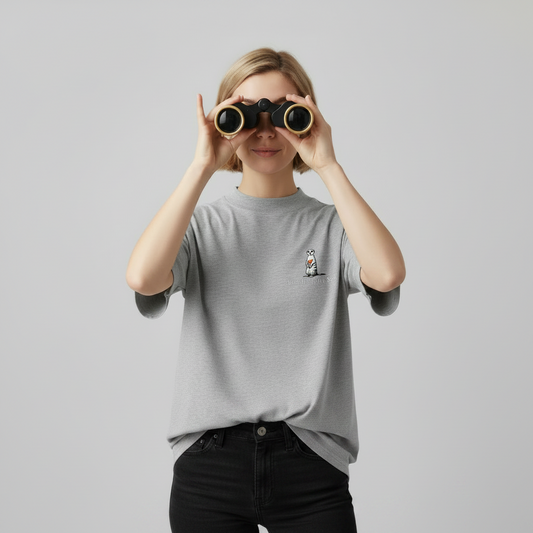Oversized grey organic cotton unisex wildlife t-shirt featuring small  meekat chest graphic