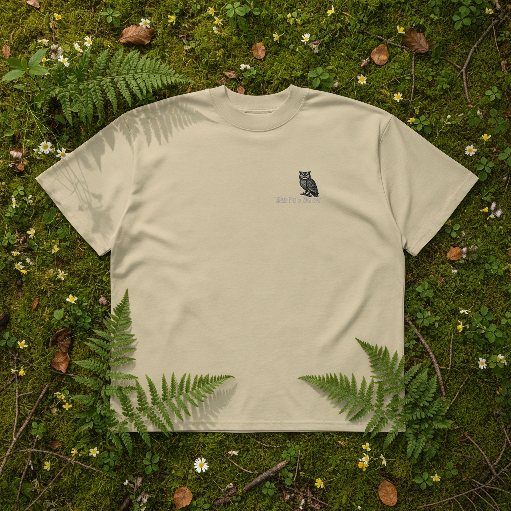 Oversized beige organic cotton unisex wildlife t-shirt featuring small  owl chest graphic
