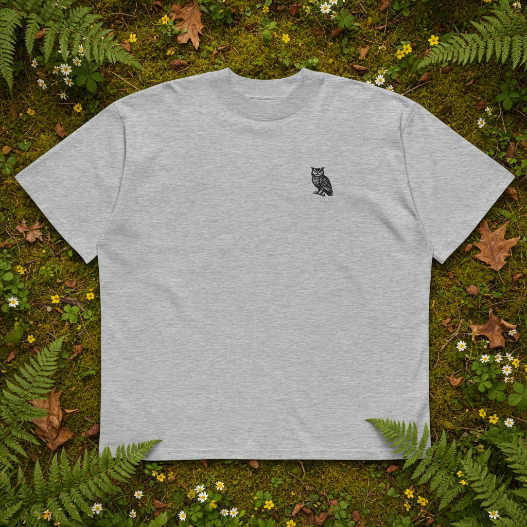 Oversized grey organic cotton unisex wildlife t-shirt featuring small  owl chest graphic