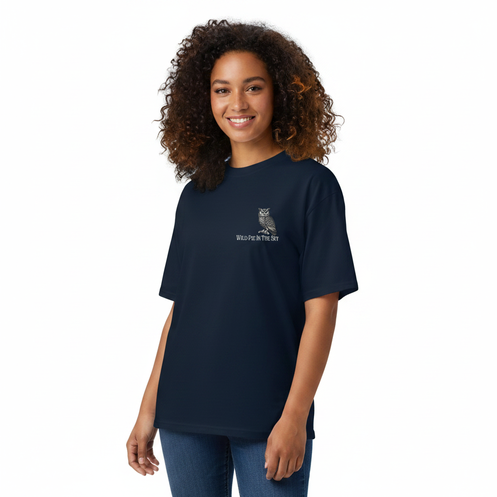 Oversized navy organic cotton unisex wildlife t-shirt featuring small  owl chest graphic
