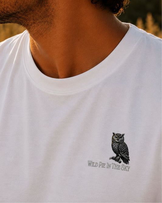 Oversized white organic cotton unisex wildlife t-shirt featuring small  owl chest graphic