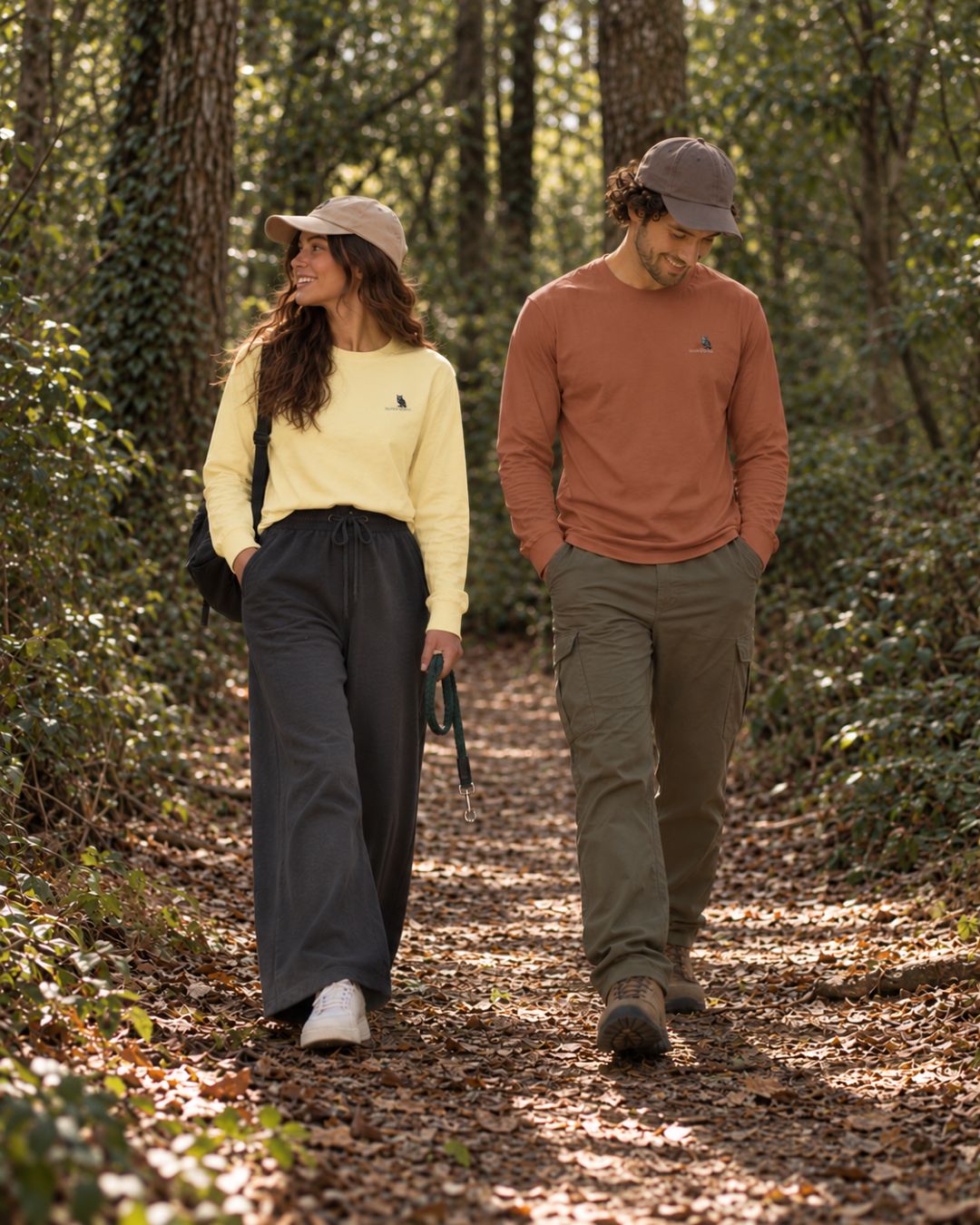 Unisex cotton long sleeve wildlife t-shirt featuring small owl chest graphic shown in butter & clay